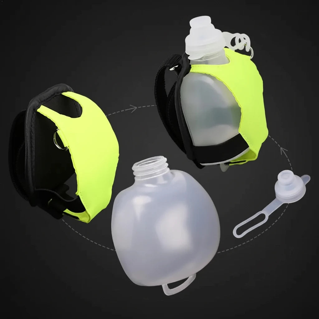 Botella de agua deportiva de silicona para correr, manos libres, plegable, a prueba de fugas
