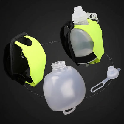 Botella de agua deportiva de silicona para correr, manos libres, plegable, a prueba de fugas
