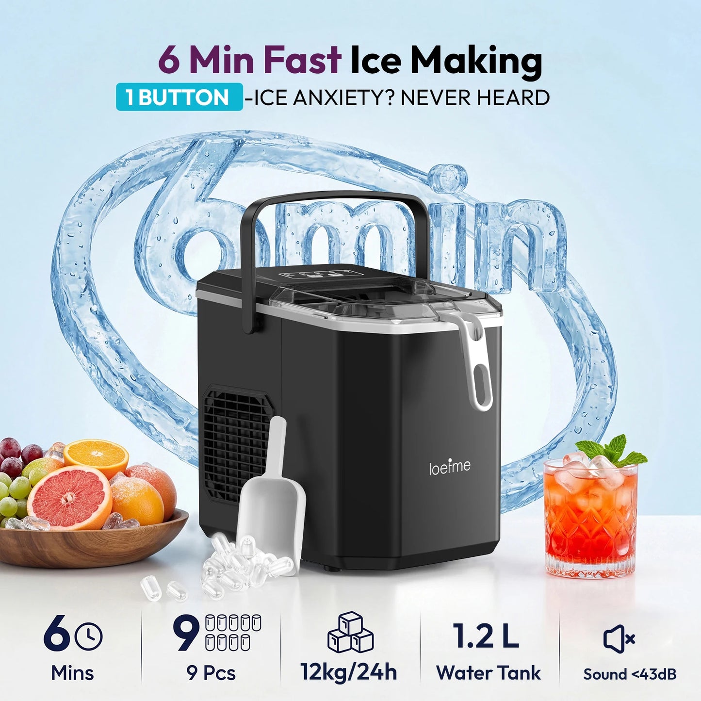 Loefme-máquina de cubos para hacer hielo, limpieza automática pequeña, máquina de hielo en forma de bala, Fabricación rápida de hielo para el hogar, cafetería, Camping