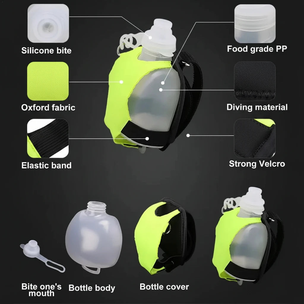 Botella de agua deportiva de silicona para correr, manos libres, plegable, a prueba de fugas
