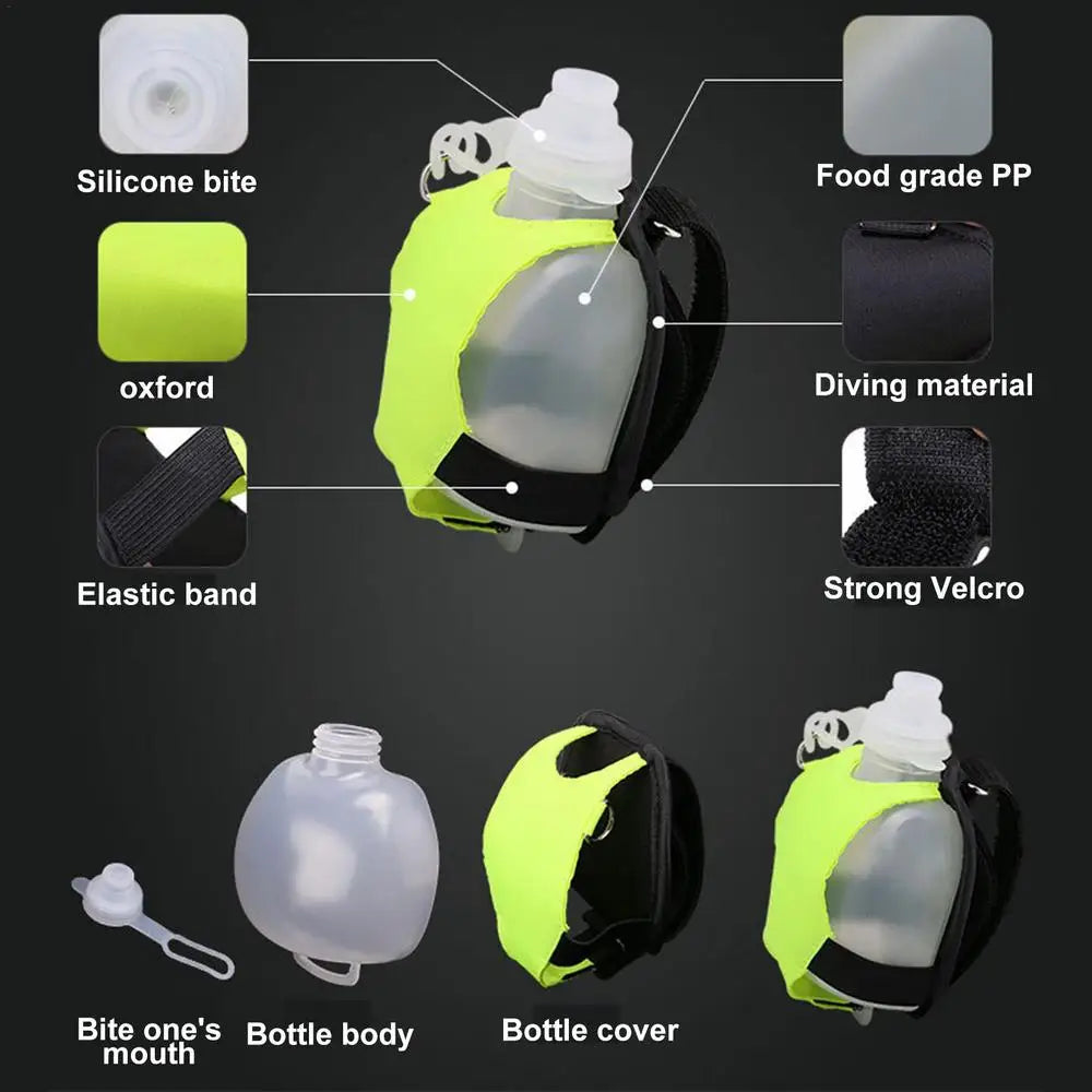 Botella de agua deportiva de silicona para correr, manos libres, plegable, a prueba de fugas